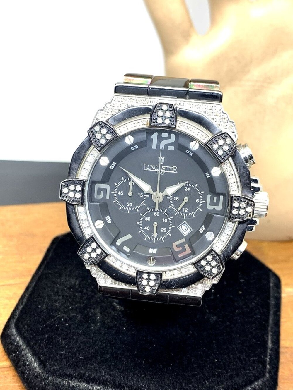Lancaster Men's Watch Diamond Accent 1.12CTW Quartz Chronograph Black Steel 46mm